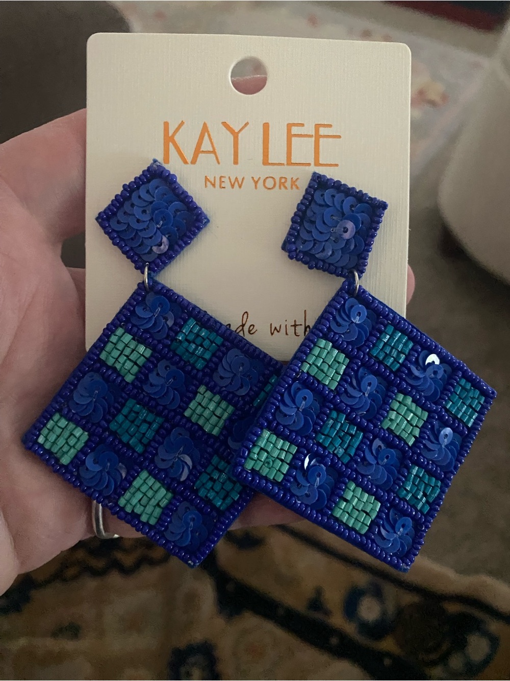 Kay Lee New York Blue & Teal Beaded Sequin Drop Earrings New